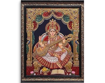 Saraswati Wall Art, Tanjore Painting Canvas Print, Hindu Goddess of Knowledge & Music, Pooja Room Decor, Gold Leaf Art, Housewarming Gift