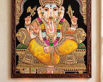 Tanjore Painting Ganesha: Indian Gold Leaf Wall Art | Wooden Framed Look Canvas