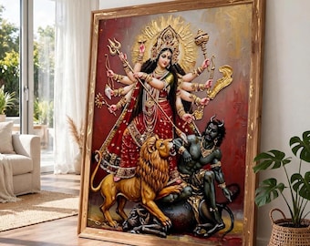 Goddess Durga Wall Art | Mahishasura Mardini Illustration, Lion Mount, Crimson Gold Canvas Print
