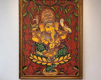Ganesh Canvas Wall Art, Kerala Mural Style Vinayaka, Indian Mural Art for Altar & Pooja Room, Medication Decor