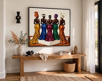 African Women Canvas Art, Five Figures Statement Decor, Bold Ethnic Head Wrap Print