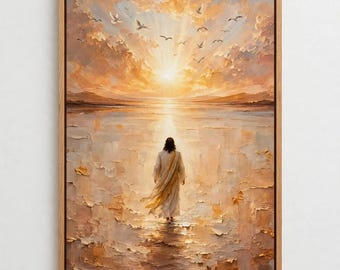 Jesus Walking on Water Canvas, Textured Impasto Christian Wall Art, Golden Sunrise Religious Decor, Minimalist Faith Canvas Print