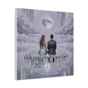 An oil painting depicts a couple sitting on a silver, dripping platform, facing a full moon over a calm, purple-hued body of water, with dark clouds in the sky.