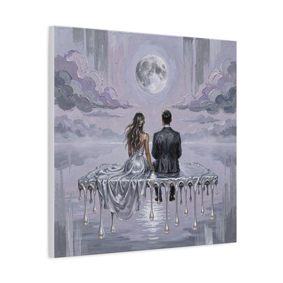 Romantic Couple Wall Art Canvas | Surreal Moonlit Figurative Painting | Silver Lavender Dreamy Love Print | Wedding Anniversary Gift