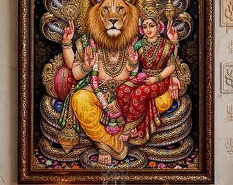 Lakshmi Narasimha Swamy Wall Art, Hindu God Canvas Painting, Tanjore Style Vishnu Print, Ornate Framed Look, Pooja Room Mandir Diwali Gift