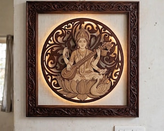 Saraswati Wall Art, Wood Color Canvas Print, Hindu Goddess of Knowledge & Music, Pooja Room Decor, Gold Leaf Art, Housewarming Gift