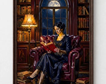 Victorian Wall Art, Dark Academia Woman Reading In Moonlit Library