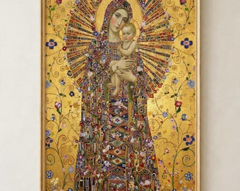 Gustav Klimt Madonna and Child Poster | Art Nouveau Religious Wall Art | Gold Leaf Byzantine Icon Print | Mary Baby Jesus Christian Art Gift