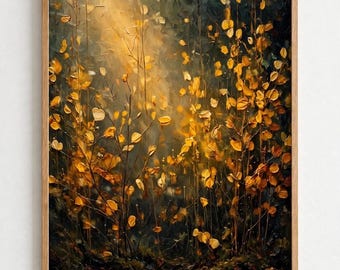 Autumn Forest Canvas Wall Art, Moody Textured Forest Painting, Golden Leaves Fall Foliage Print, Autumn Tree Canvas, Cozy Earth Tone Decor