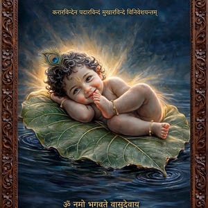 May include: A framed painting of a smiling infant with curly hair and a peacock feather, resting on a large green leaf floating on dark water. The text "करारविन्देन पदारविन्दं मुखारविन्दे विनिवेशयन्तम्" and "ॐ नमो भगवते वासुदेवाय" is printed in gold.