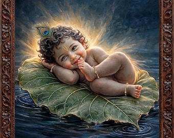 Baby Krishna Wall Art, Bal Krishna Lotus Canvas | Hindu God Canvas, Indian God Wall Art | Matte Canvas Print for Nursery, Pooja Room Decor