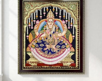 Goddess Lakshmi Tanjore Style Canvas Print, Framed Look Hindu Goddess Wall Art, Pooja Room Altar Decor, Diwali Housewarming Gift