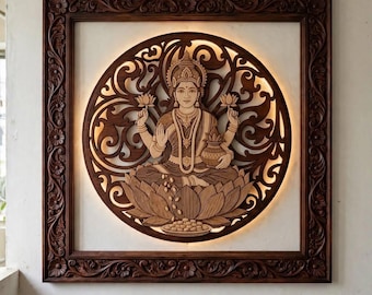 Goddess Lakshmi Wooden Style Painted Canvas, Framed Look, Hindu Goddess of Wealth, Pooja Room Art, Diwali Housewarming Gift