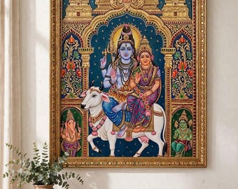 Shiv Darbar Tanjore Painting, Shiva Parvati Ganesha Wall Art, Traditional South Indian Temple Decor, Framed Look Indian Home Decor