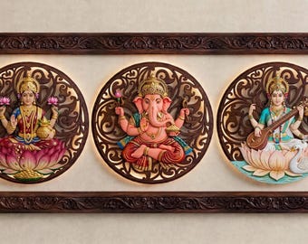 Lakshmi Ganesh Saraswati Canvas Wall Art, Framed look, Diwali Decor