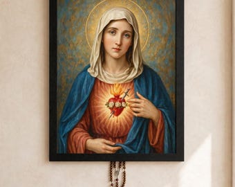 Immaculate Heart of Mary Framed Poster, Virgin Mary Print Catholic Wall Art, Religious Marian Icon Wooden Frame, Christian Altar Gift