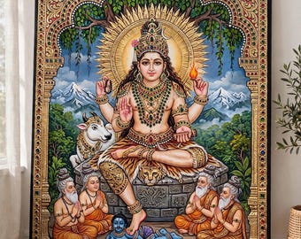 Dakshinamurthy Tanjore Style Canvas Print, Hindu God Wall Art, Pooja Room and Home Decor