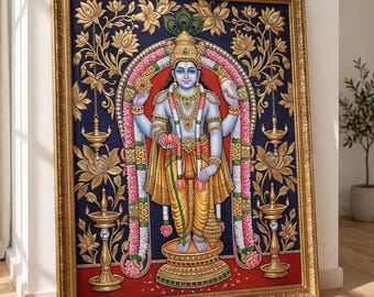 Guruvayurappan Tanjore Style Hindu Wall Art, Traditional South Indian Temple Decor, Gold Framed Look, Hindu God Krishna