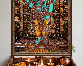 Kerala Mural Art Canvas,  Guruvayurappan Hindu Wall Art, Traditional South Indian Temple Decor, Framed Look, Hindu God Krishna