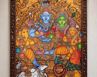 Kerala Mural Art Canvas, Shiva Parvati Ganesha Hindu Wall Art, Traditional South Indian Temple Decor, Framed Look Indian Home Decor