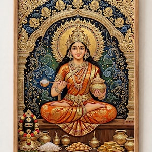 May include: A framed wall art print depicting a deity in an orange sari, seated in a lotus position against a dark blue and gold ornate background. The figure holds a golden ladle and a pot, surrounded by offerings including gold bars and bowls.