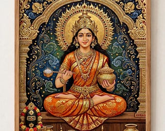 Annapurna Golden Tanjore Painting, Goddess of Food, Shiva Parvati Canvas Art, Pooja Room Wall Art, Gift for Diwali