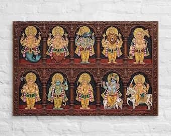 Dashavatar Canvas Print, 10 Avatars of Vishnu, Hindu Wall Art, Tanjore Painting Decor | Framed Look