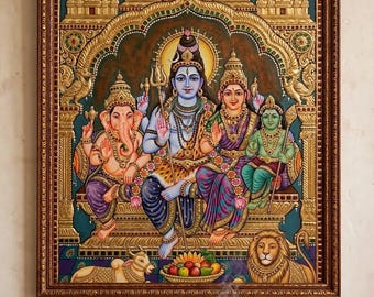 Shiva Parvati Ganesha Tanjore Canvas Painting, South Indian Temple Decor (Framed Look)