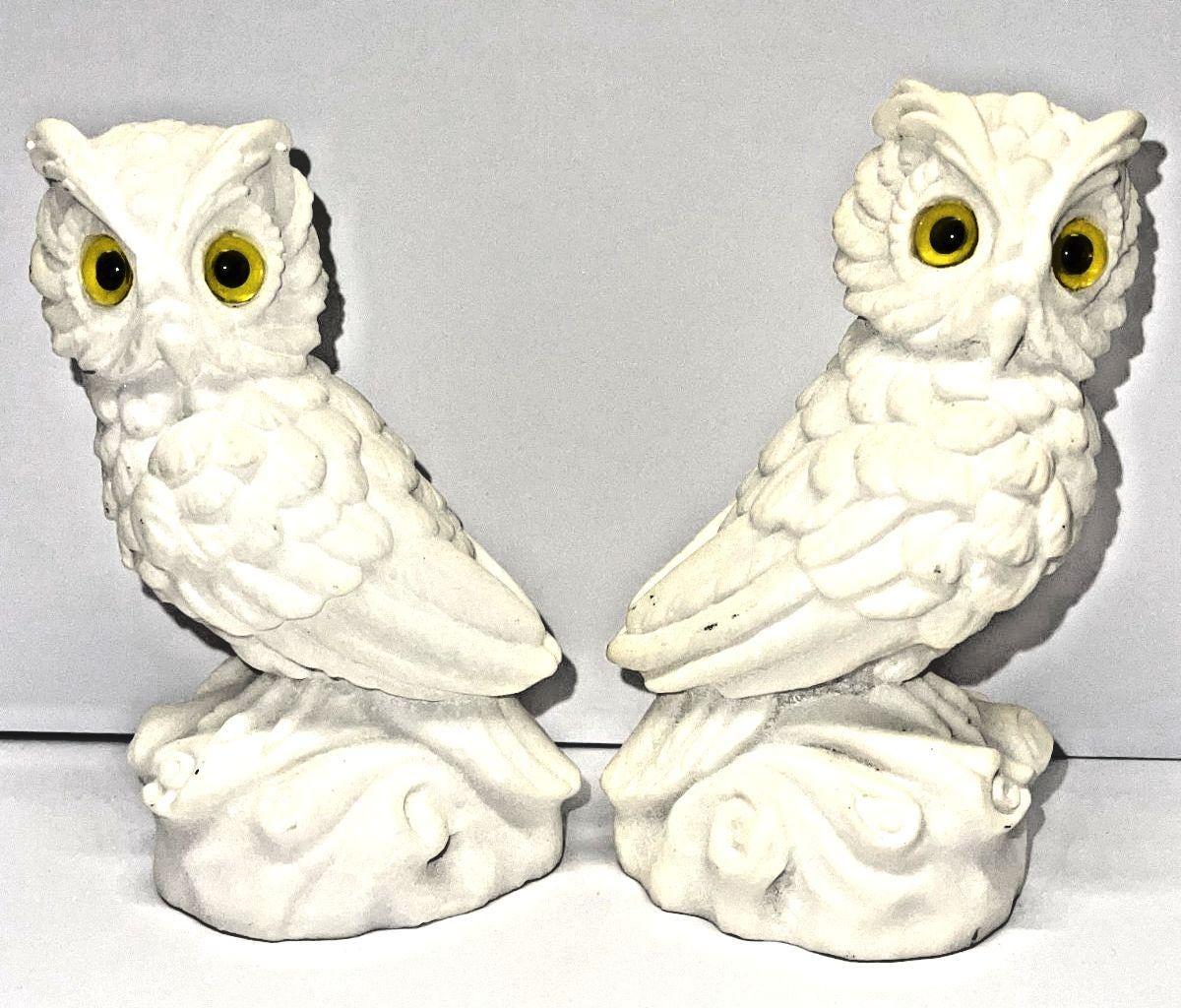 2 Vintage White Alabaster Horned Owl Figurines 5” w/ Yellow Eyes - Made in Italy