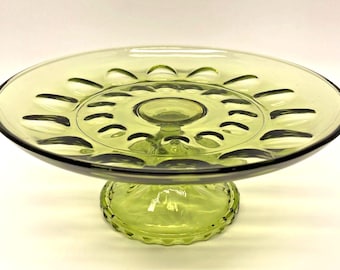 Vintage Hazel Atlas Reflection Avocado Green Glass Pedestal Cake Stand 9.5"