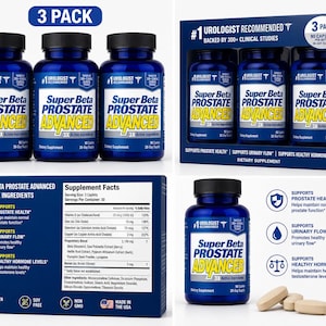 May include: A 3-pack of Super Beta Prostate Advanced dietary supplement bottles and a box. The blue bottles feature white labels with yellow text, listing 90 caplets per bottle. The packaging includes supplement facts, ingredient lists, and icons.
