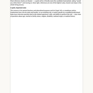 May include: A digital document page titled Before We Start from PeopleOpsPaperCo. The text discusses reference checks in the hiring process, noting they are for business and educational purposes, not legal advice, and includes a footer with page 2.