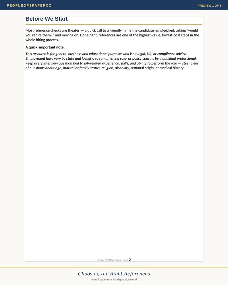 May include: A digital document page titled Before We Start from PeopleOpsPaperCo. The text discusses reference checks in the hiring process, noting they are for business and educational purposes, not legal advice, and includes a footer with page 2.
