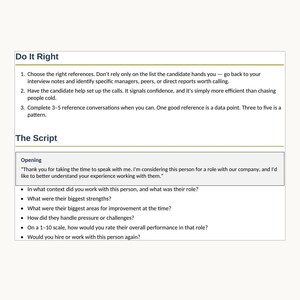 May include: A digital document titled PeopleOpsPaperCo Preview 2 of 3, featuring a guide on reference checks. It includes sections titled Do It Right with three numbered steps, and The Script, which provides an opening statement and six bulleted questions.