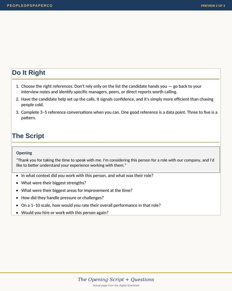 May include: A digital document titled PeopleOpsPaperCo Preview 2 of 3, featuring a guide on reference checks. It includes sections titled Do It Right with three numbered steps, and The Script, which provides an opening statement and six bulleted questions.