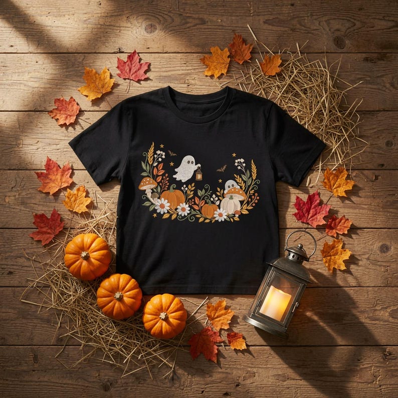 May include: A black short-sleeve t-shirt featuring a graphic print of two white ghosts, orange pumpkins, mushrooms, and white flowers arranged in a semi-circle. The design includes small stars and foliage elements in muted autumn colors.