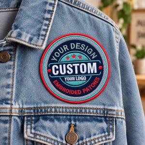 Puede incluir: Un parche bordado circular fijado en una chaqueta de mezclilla azul claro. El parche presenta un centro azul oscuro con el texto blanco CUSTOM, rodeado por las palabras YOUR DESIGN, YOUR LOGO y EMBROIDERED PATCHES en rojo y blanco.