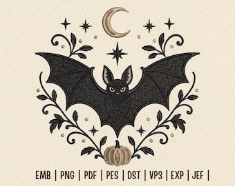 Machineborduurbestand vleermuis Halloween, gotisch bloemenontwerp spooky maan