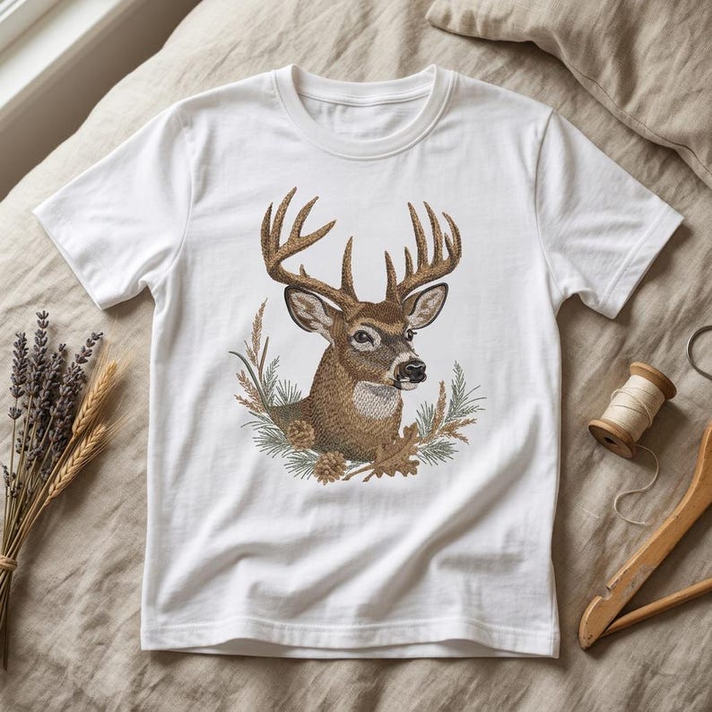 May include: A white short-sleeved t-shirt featuring a detailed graphic of a brown deer head with large antlers. The deer is surrounded by a natural arrangement of pine needles, pinecones, wheat stalks, and oak leaves in earthy brown and green tones.