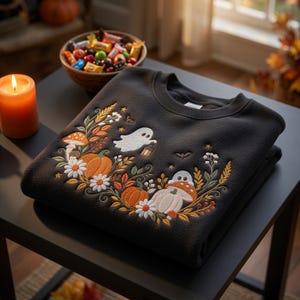 Halloween Ghost Border Embroidery Design, Autumn Floral Machine Embroidery File, Spooky Cute PES DST, Instant Download