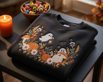 Halloween spookrand borduurpatroon, herfstbloemen borduurmachinebestand, griezelig schattig PES DST, direct te downloaden