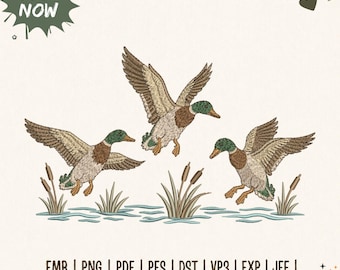 Borduurpatroon van vliegende wilde eenden, machineborduurbestand voor jacht op watervogels, Wildlife PES DST, 5 maten
