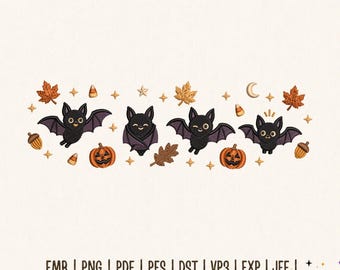 Halloween Bat Embroidery Design, Cute Skeleton Bat Machine Embroidery File, Pumpkin Fall PES DST, Instant Download
