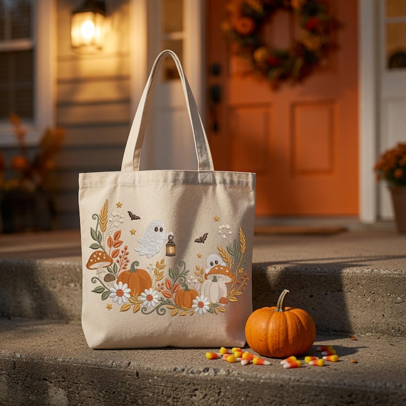 May include: A beige canvas tote bag featuring an embroidered design of two white ghosts, orange pumpkins, mushrooms, autumn leaves, and small flowers. The ghosts are depicted holding a lantern, surrounded by tiny stars and flying bats.