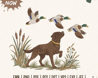Borduurpatroon van een retriever en eenden, jachtscène in de natuur, machineborduurbestand, PES DST, 5 maten.