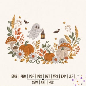 Halloween Ghost Border Embroidery Design, Autumn Floral Machine Embroidery File, Spooky Cute PES DST, Instant Download image 2