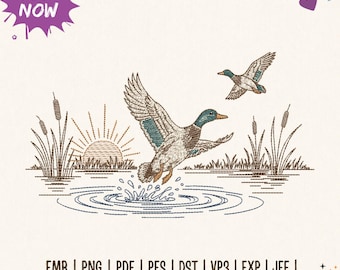 Borduurpatroon van een wilde eend (Mallard Duck) met jachtscène in een moeras, machineborduurbestand, geschikt voor jongens (PES DST), 5 maten.