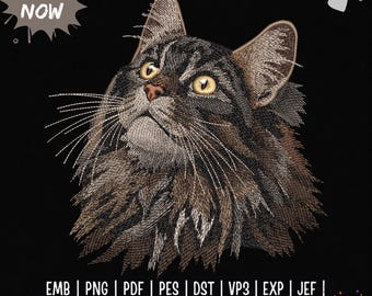 Borduurpatroon van een Maine Coon kat, realistisch borduurpatroon van een kat voor de borduurmachine, gedetailleerd huisdierportretpatroon, cadeau voor kattenliefhebbers, PES DST JEF