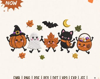 Borduurpatroon voor Halloween met schattige pompoen, spook, koffie en snoepmaïs (PES DST-bestand), 5 maten.