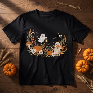 May include: A black short-sleeve t-shirt featuring a central graphic print of two white ghosts, orange pumpkins, mushrooms, white flowers, wheat stalks, and small bats arranged in a curved, wreath-like design on the front of the garment.